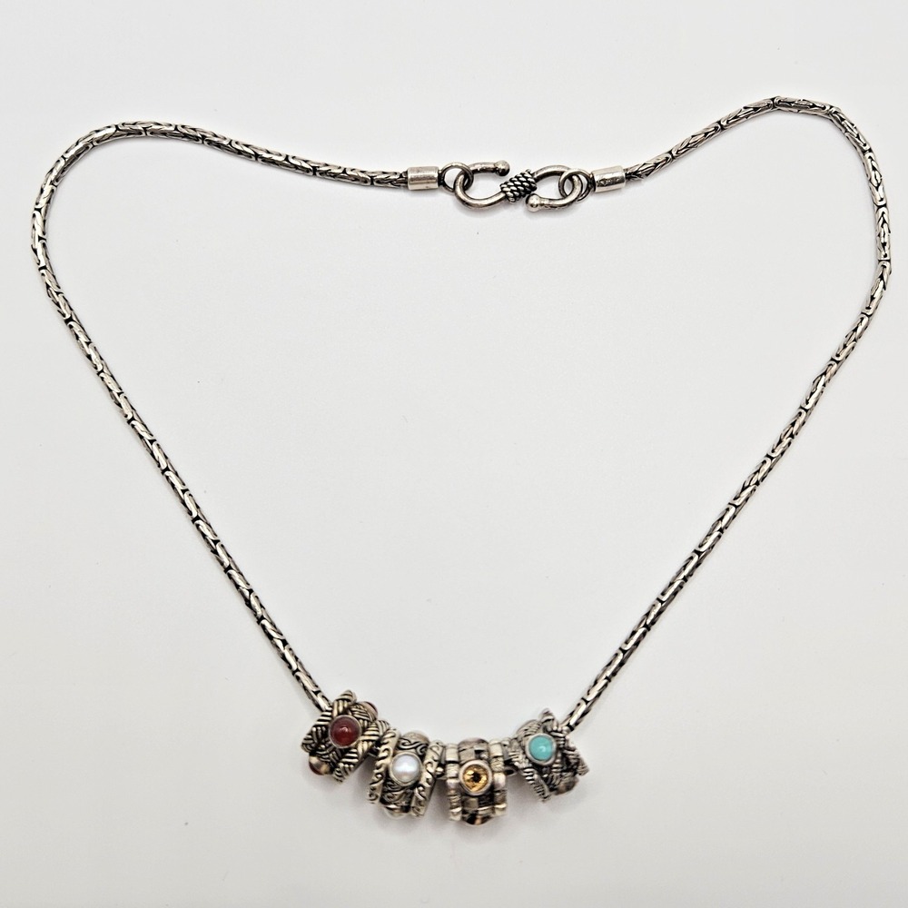 Geo Art Sterling Silver Necklace Byzantine Chain 4 Barrel Charms with Stones 16"